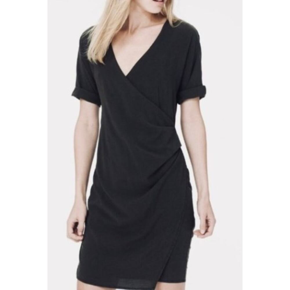 James Perse Faux Wrap Black V Neck Cotton Mini Dress WLP6721 Size 1 US Small